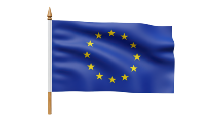 Waving national flag of the European Union (EU) with its circle of golden stars on a blue field, transparent PNG 4K (यूरोपीय संघ झंडा)