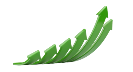 Three-dimensional green arrow line trending upwards, illustrating strong business growth and positive market data, transparent PNG 4K (विकास तीर)