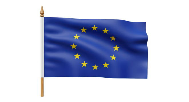 Waving national flag of the European Union (EU) with its circle of golden stars on a blue field, transparent PNG 4K (यूरोपीय संघ झंडा)