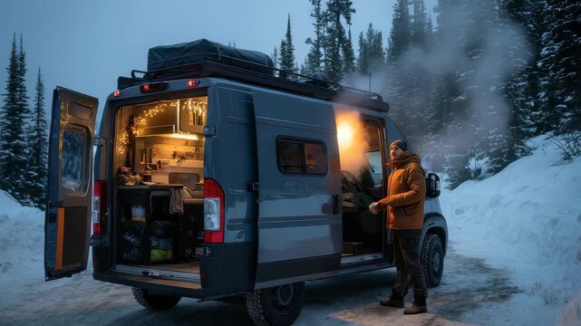 A winter camping van is parked on a snowy road surrounded by pine trees, with a person standing at the open door. The inviting glow from inside highlights the comfort and freedom of van life