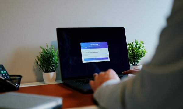 Middle Aged Man Consulting Artificial Intelligence Job Coach Bot - AI Career Quiz Concept