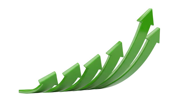 Three-dimensional green arrow line trending upwards, illustrating strong business growth and positive market data, transparent PNG 4K (विकास तीर)