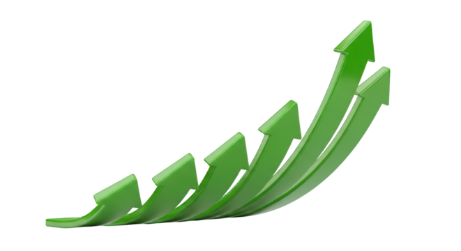 Three-dimensional green arrow line trending upwards, illustrating strong business growth and positive market data, transparent PNG 4K (विकास तीर)