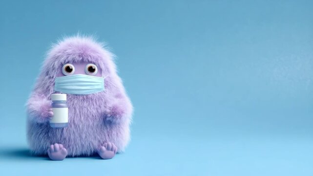 Cute fuzzy purple monster wearing a blue face mask and holding a white bottle, showing health protection during an illness.