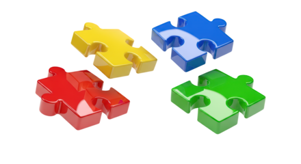 Complex three-dimensional yellow and green interlocking puzzle pieces, isolated on a clean transparent PNG 4K background (पहेली के टुकड़े)