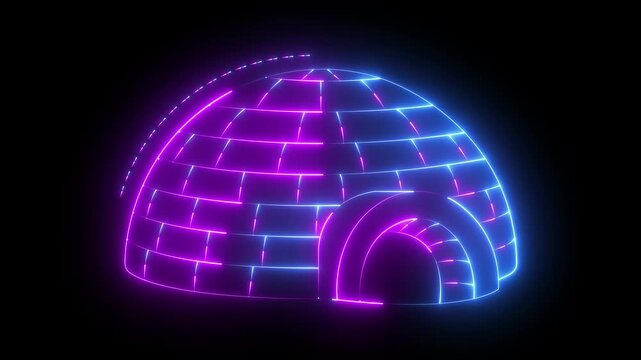 Glowing neon Igloo ice icon isolated on black background. igloo icon its edges shimmering with a cool, frosty glow. Snow home, Eskimo dome-shaped hut winter shelter, made of blocks. neon ice concept.