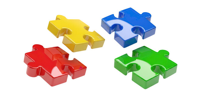 Complex three-dimensional yellow and green interlocking puzzle pieces, isolated on a clean transparent PNG 4K background (पहेली के टुकड़े) - Powered by Adobe