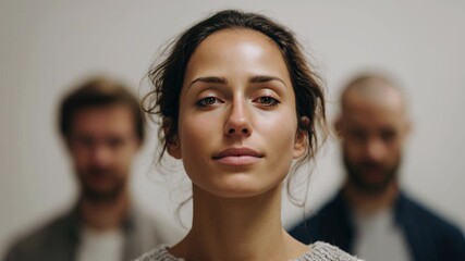 A young Middle-Eastern woman with closed eyes and a serene expression stands in front of two blurred men. The scene conveys calmness and mindfulness.