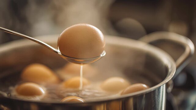 A close-up of a spoon lifting a boiled egg from a pot. Steam rises from the pot, which contains several eggs in boiling water. The scene is warm and inviting.
