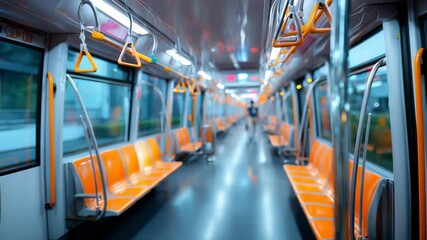 Contemporary metro carriage featuring clean lines, vivid colors, and a tranquil atmosphere, emphasizing public transit innovation. Blurred city lights outside create a dynamic, modern ambiance - Powered by Adobe