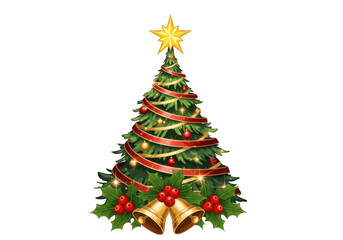 Festive christmas tree with star, ribbon, and bells isolated on transparent background
