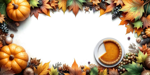 Autumn Thanksgiving day frame invitation banner. Colorful border frame for Thanksgiving made of pumpkins, maple leaves, nuts, pie and vibrant grapes with copy space in the center.