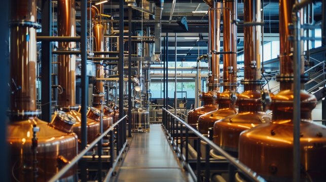 A modern distillery interior with copper stills and large fermentation tanks. Bright natural light illuminates the industrial space.