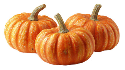 Obraz premium Three orange pumpkins with stems arranged in a group on a black background in a close up shot