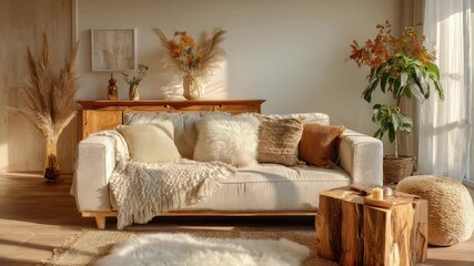 Stylish living space features a plush sofa, fluffy rugs, and decorative plants, illuminated by gentle sunlight. Earthy tones and natural textures evoke a serene, contemporary vibe