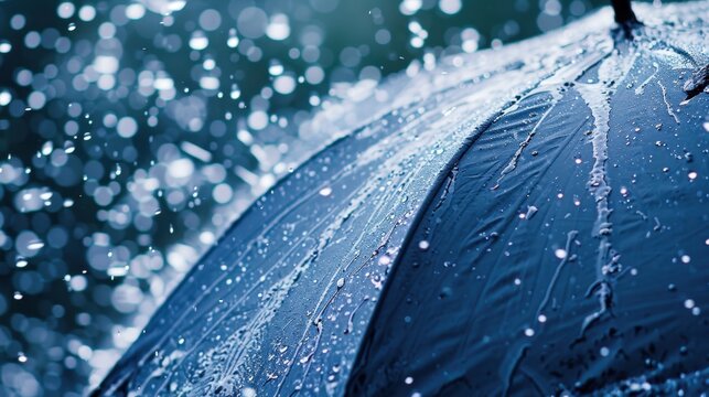 Close-up of blue umbrella with water droplets and blurred raindrops in background, illustrating rainy weather and protection from rain.