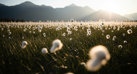 Wild cottongrass meadow in golden hour sunlight. Scenic mountain valley landscape with a tranquil atmosphere. Natural beauty and environmental wellness concept for ecology