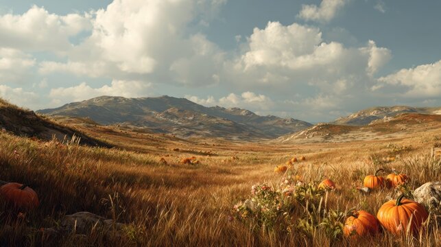 Golden meadow with scattered pumpkins, rolling hills, cinematic 8k realism