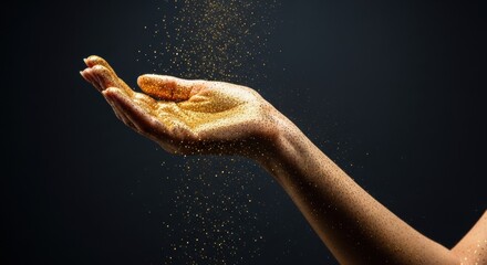 Female hand with golden glitter dust. Magical sparkling particles falling from an open palm. Luxury beauty and wealth concept. Metaphor for success and valuable opportunity