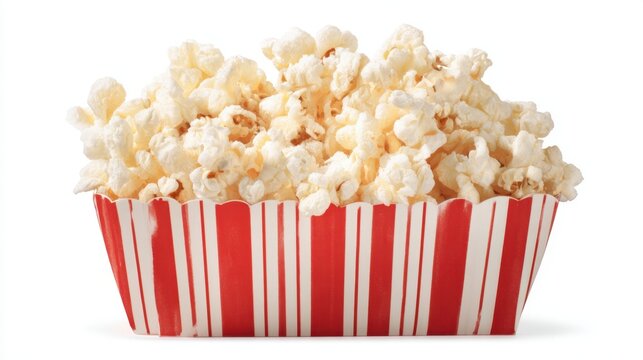 A red and white striped container filled with fluffy popcorn sits on a clean surface, perfect for movie nights, parties, or casual snacking at home.