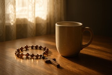 A rosary and a ceramic mug rest on a wooden table in warm morning light