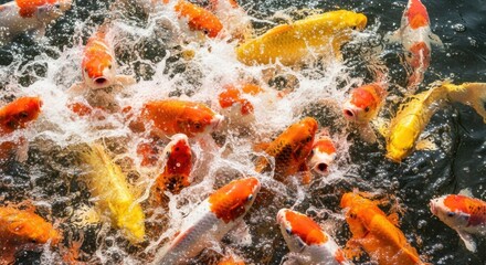 Vibrant Koi carp in a feeding frenzy. A dynamic splash of colorful fish competing for food. Concept of market competition and seizing opportunity. Japanese garden pond with ornamental nishikigoi