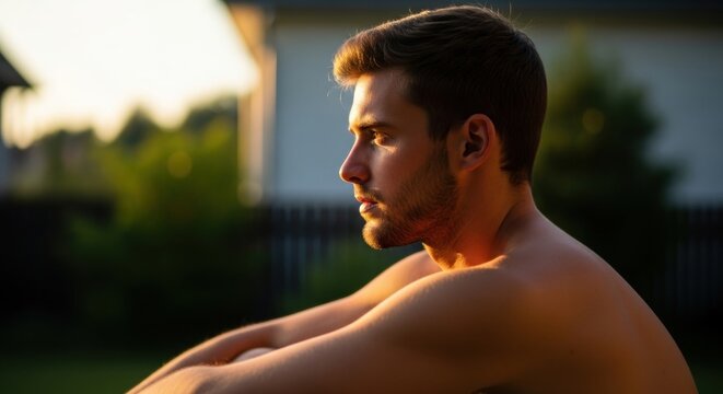 Handsome young Caucasian man in profile during golden hour. Shirtless adult male in a moment of quiet contemplation. Mental wellness and self reflection concept. Future planning and personal growth