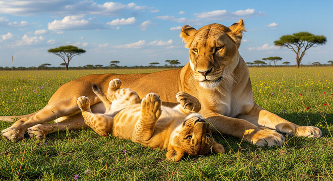 lioness and cubs - Powered by Adobe