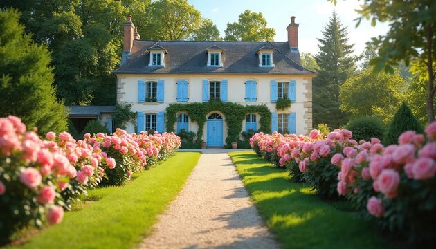 French countryside manor house stands bright in summer sun. Elegant stone building blue shutters, front door covered in green vines. Pink rose bushes line gravel path in rich garden. Tall trees - Powered by Adobe
