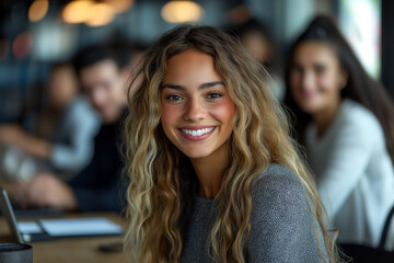Portrait of a smiling woman with curly blonde hair