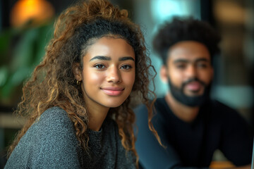 Portrait of a woman with curly hair and a man behind