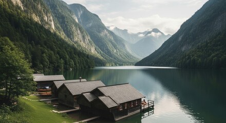 Wooden boathouses on a tranquil alpine lake. Scenic mountain landscape for travel and tourism. Concept of solitude and digital detox. Peaceful nature retreat for wellness and relaxation