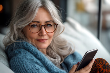 Woman with glasses using smartphone on the couch