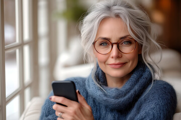 Woman with glasses using a phone by the window