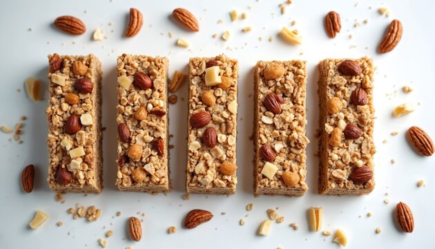 Five whole grain granola bars with nuts, dried fruit neatly arranged on white surface. Scattered almonds pecans, oats surround snack items. Bars offer healthy, satisfying energy boost for active