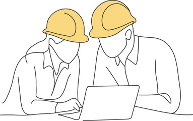 Continuous line drawing illustration of two construction workers collaborating on a project, isolated on a white background