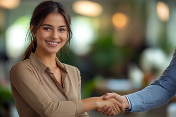 Woman smiling while shaking hands with another person