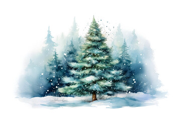 Fototapeta premium Watercolor Snow Covered Christmas Tree In Winter Forest
