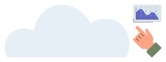 Cloud symbol with a pointing hand interacting with a screen displaying analytics. Ideal for technology, data analysis, cloud services, innovation, remote work, digital transformation, simple flat