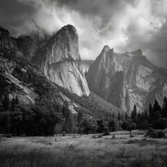 Landscape epic scene with fog and monochromatic black and white high contrast for background. Devil's Tower Wyoming and Utah.