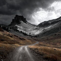 Landscape epic scene with fog and desaturated colors for background. Colorado.