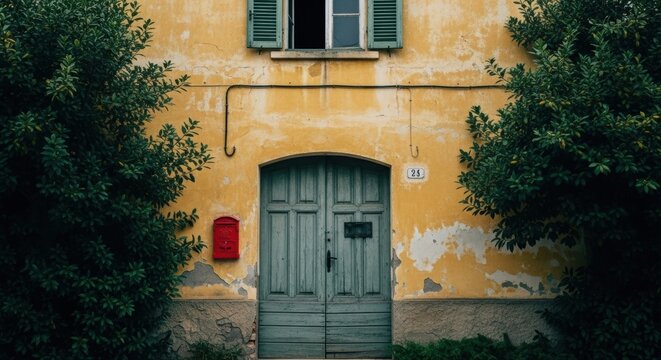 Rustic house facade with a weathered wooden door. Vintage European architecture with peeling yellow paint. Old building entrance with green shutters and a red mailbox - Powered by Adobe