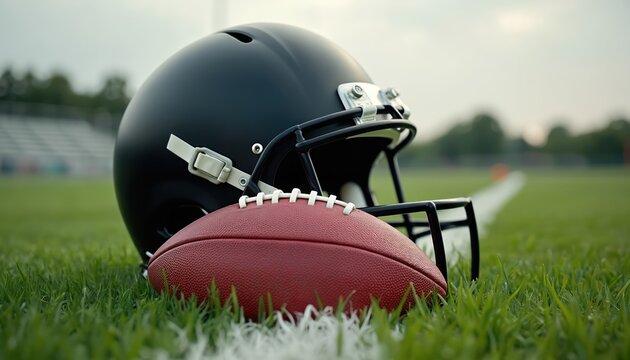 American football helmet and ball lie on green grass field near sideline. Ready for game day on stadium turf for competition. Team sport equipment awaits players ready for action.