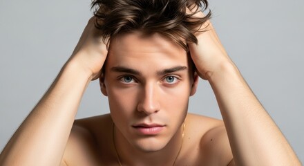 Fototapeta premium Handsome young Caucasian man with intense blue eyes. Men's grooming and skincare concept. Studio portrait for male beauty advertising. Healthy hair and perfect skin routine