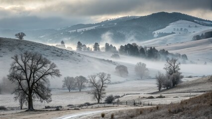 Landscape epic scene with fog and desaturated colors for background. Colorado.