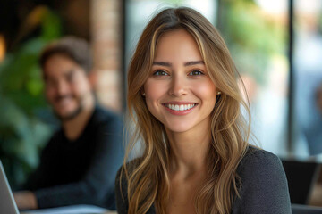 A close-up headshot of a smiling Caucasian woman with long blonde hair, indoors.