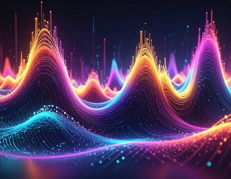 Abstract digital illustration featuring colorful waveforms and particles