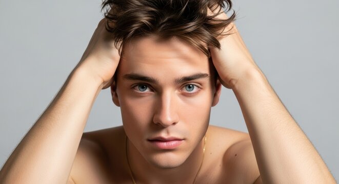 Handsome young Caucasian man with intense blue eyes. Men's grooming and skincare concept. Studio portrait for male beauty advertising. Healthy hair and perfect skin routine - Powered by Adobe