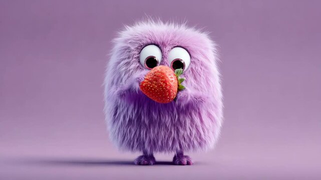 Cute fluffy purple monster with a strawberry. Adorable cartoon character eating a berry for kids animation illustration.