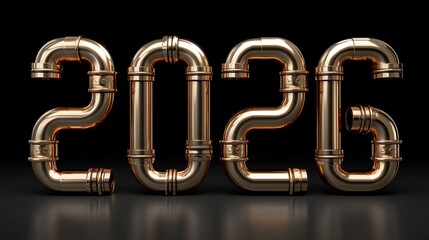 Industrial New Year 2026 sign made of shiny copper pipes in steampunk style on black background